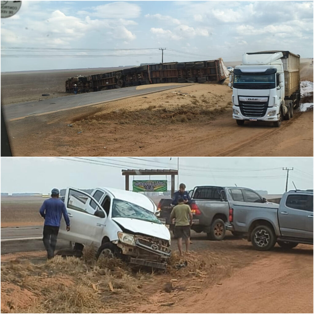 Caminhão tombado e caminhonete branca danificada no acidente da BR-364