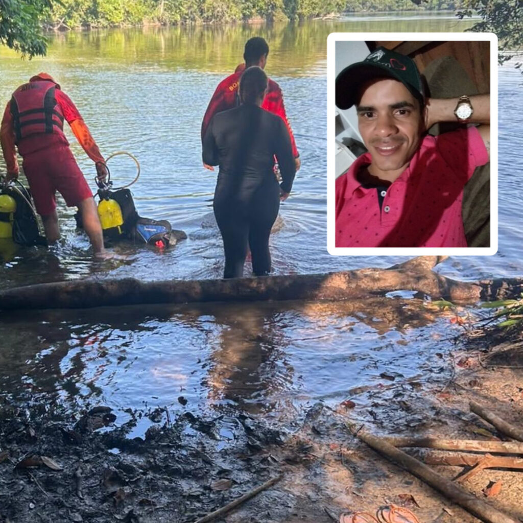 Bombeiros fazem buscas no Rio Juruena; no detalhe, foto de Cleberson Teixeira de Souza, homem desaparecido em Brasnorte