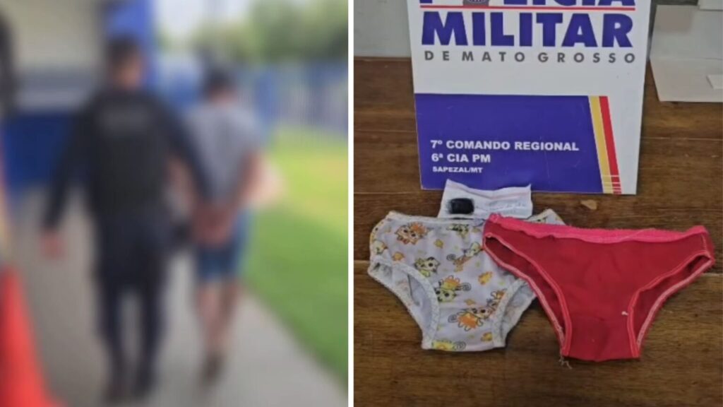 Policial conduz homem detido após revista que encontrou objetos infantis suspeitos em praça de Sapezal