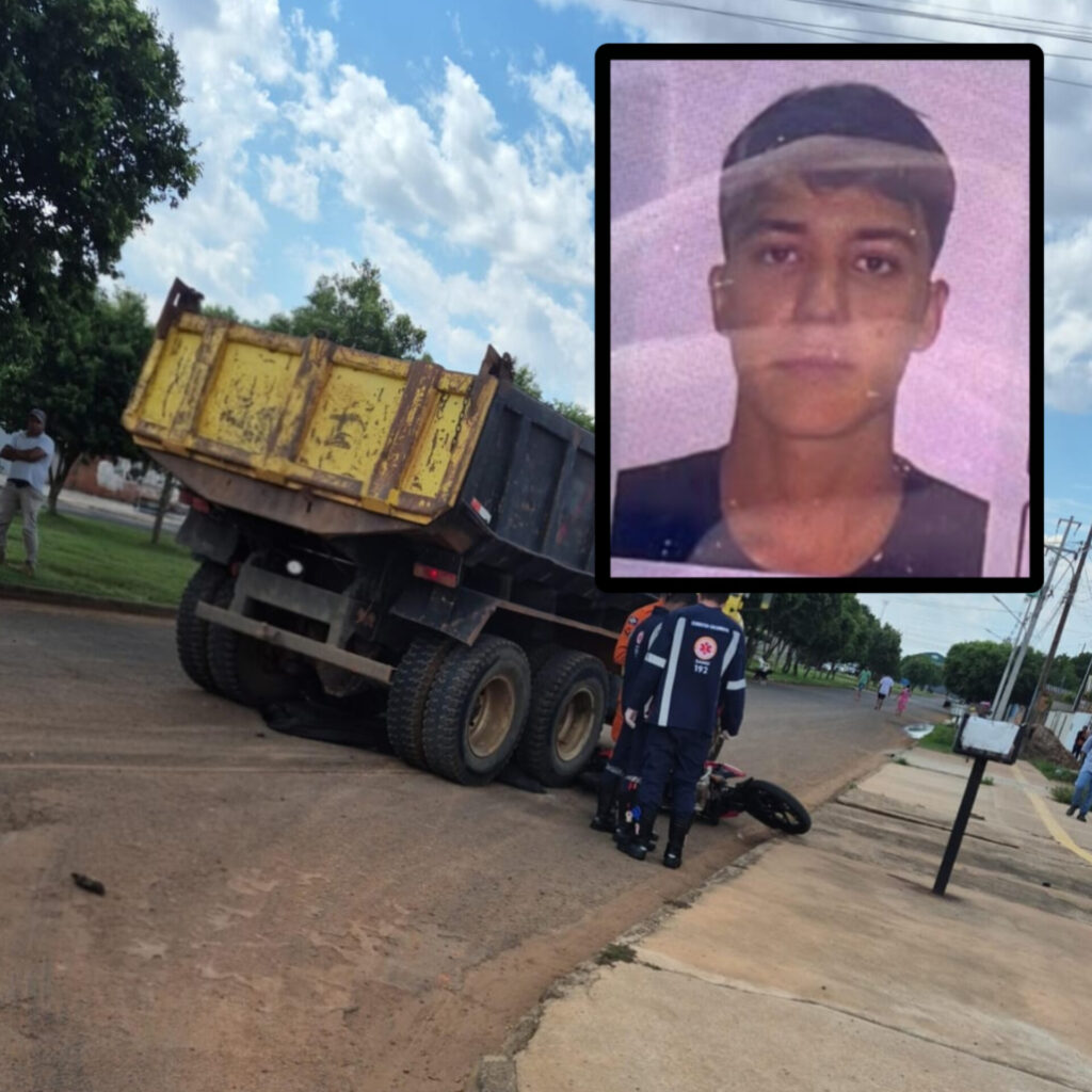 Montagem com a foto de João Vitor Rohling dos Santos e o caminhão caçamba envolvido no acidente, com equipes do Samu e Bombeiros ao lado da moto
