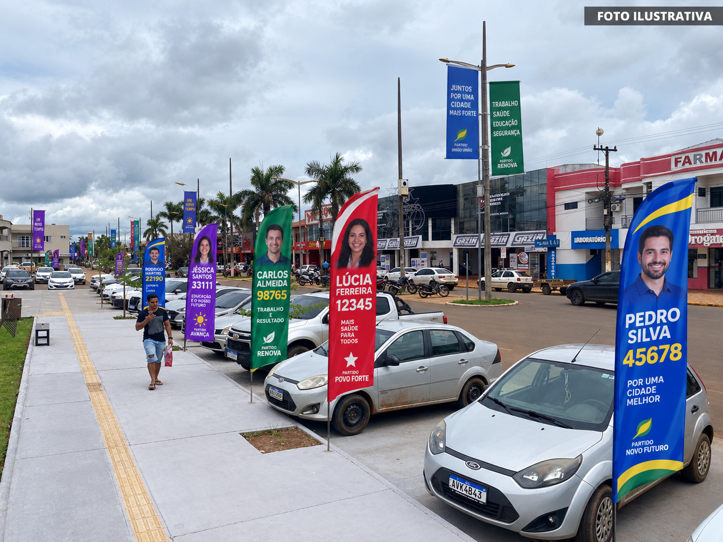 Bandeiras e wind banners de campanha eleitoral enfileirados ao longo de uma avenida com carros estacionados