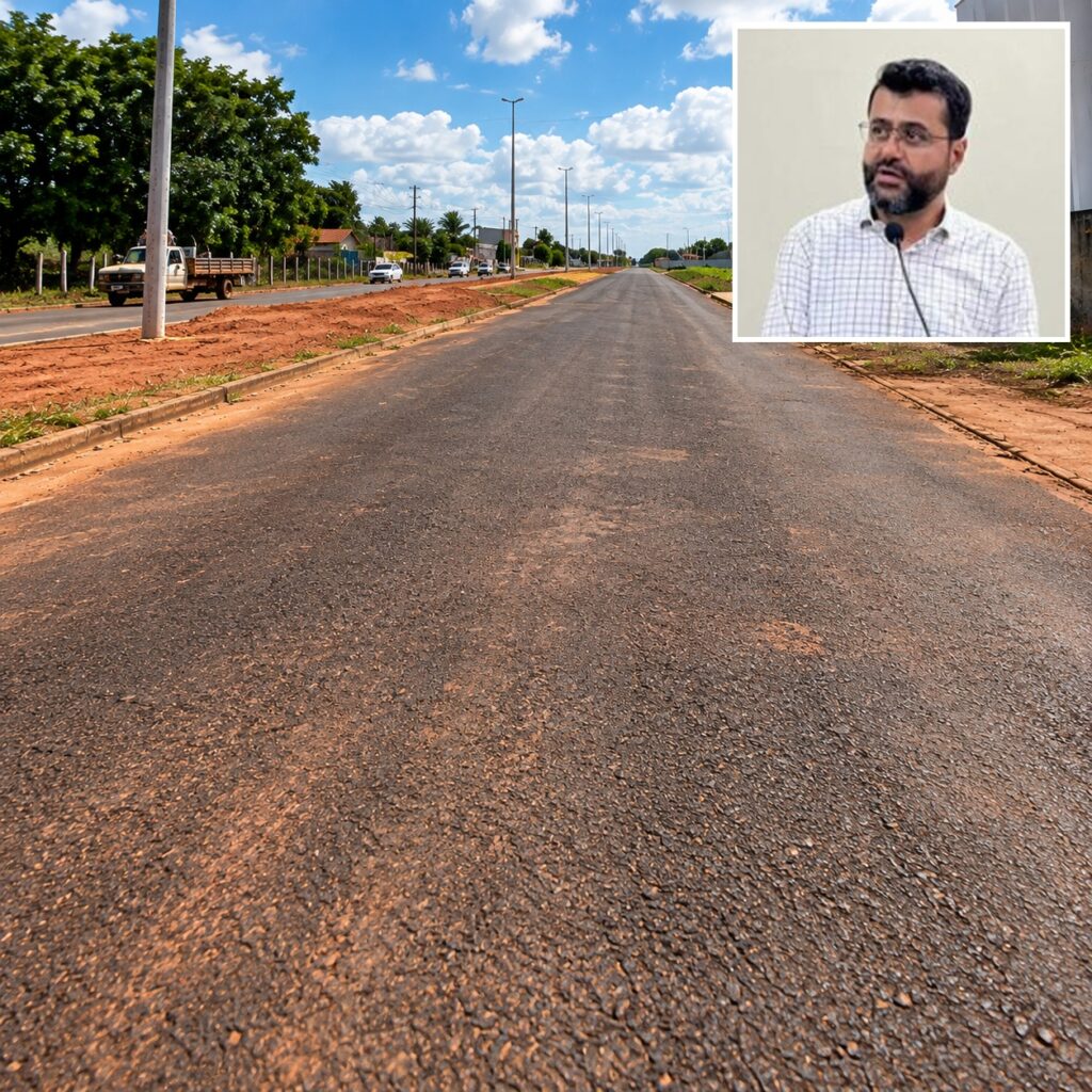 Trecho de avenida recém-asfaltada em Brasnorte com superfície irregular e terra sobre o asfalto; no canto superior direito, foto do vereador Willian Braz