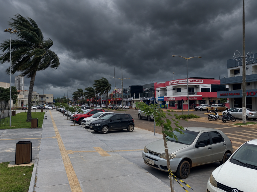 Nuvens escuras de tempestade sobre avenida comercial de Campo Novo do Parecis, com palmeiras inclinadas pelo vento