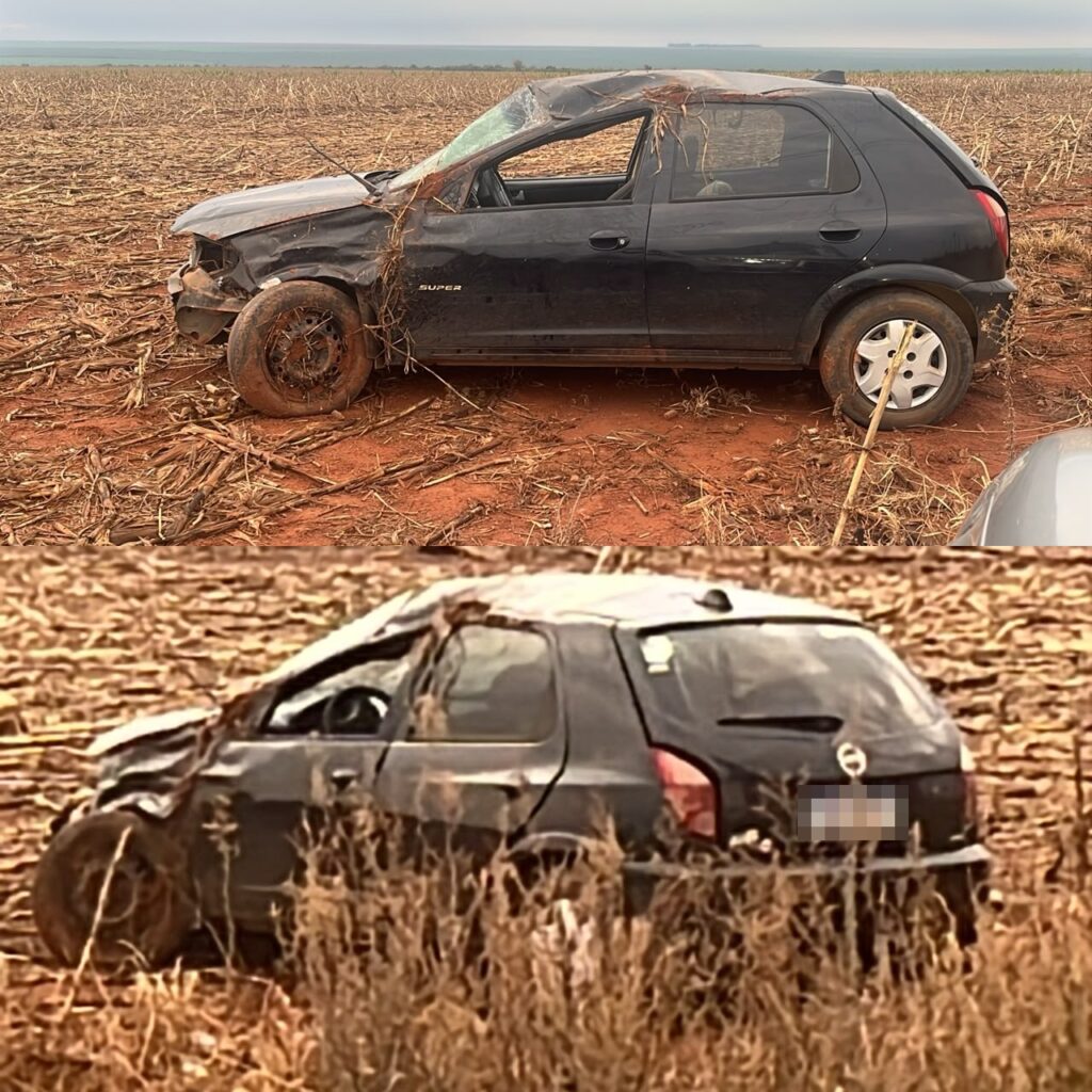 Montagem com duas fotos de um Celta preto destruído após capotar em lavoura perto de Itamarati Norte, com a frente amassada e o teto afundado