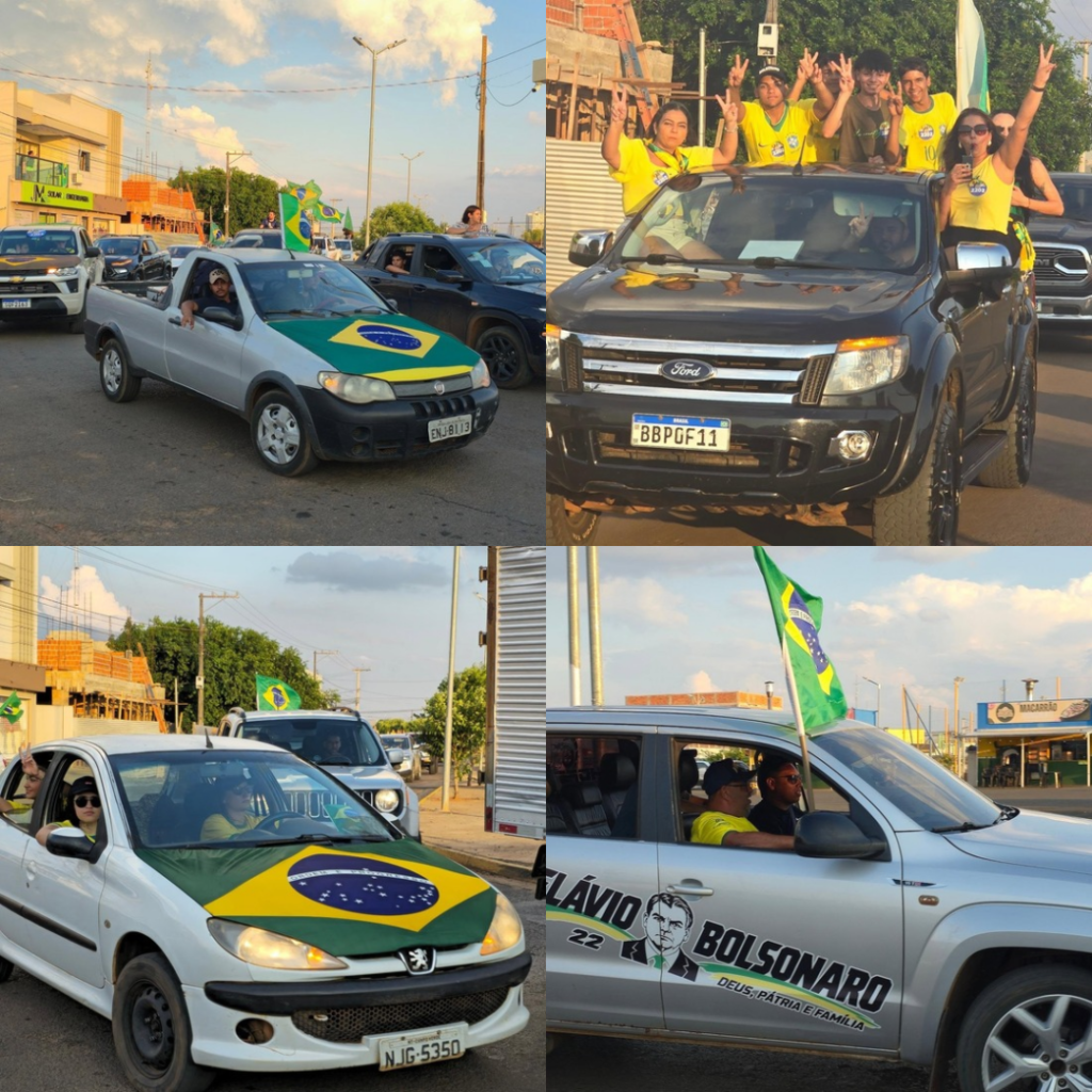Montagem com quatro fotos de carros e caminhonetes com bandeiras do Brasil e adesivo de Flávio Bolsonaro durante carreata em Campo Novo do Parecis