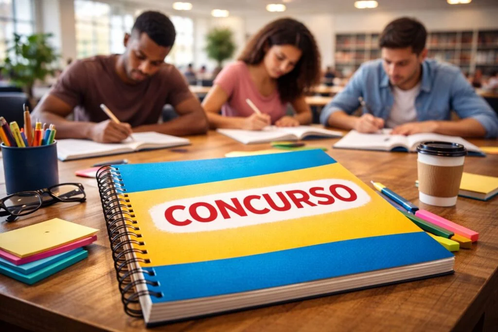 Caderno com a palavra Concurso sobre mesa de estudos, com três pessoas estudando ao fundo
