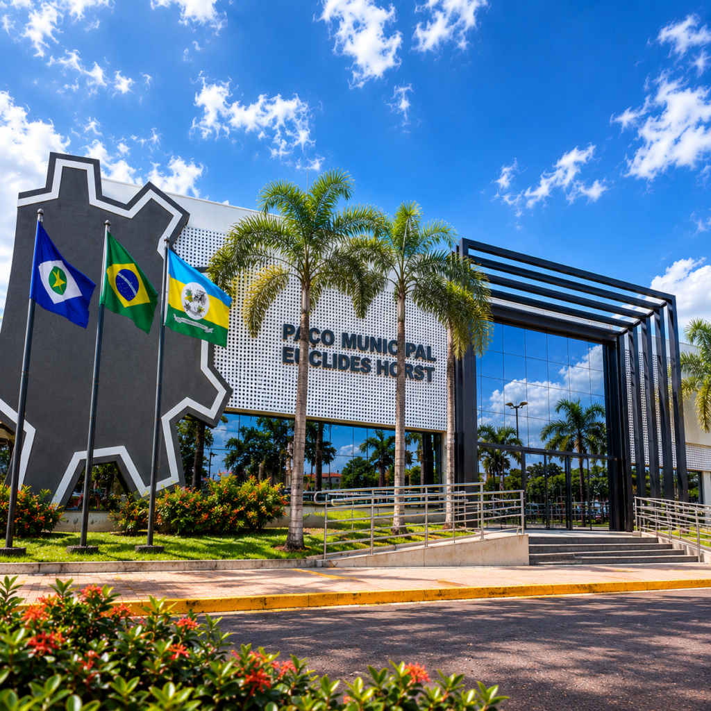 Fachada do Paço Municipal Euclides Horst, sede da Prefeitura de Campo Novo do Parecis, com bandeiras de Mato Grosso, do Brasil e do município