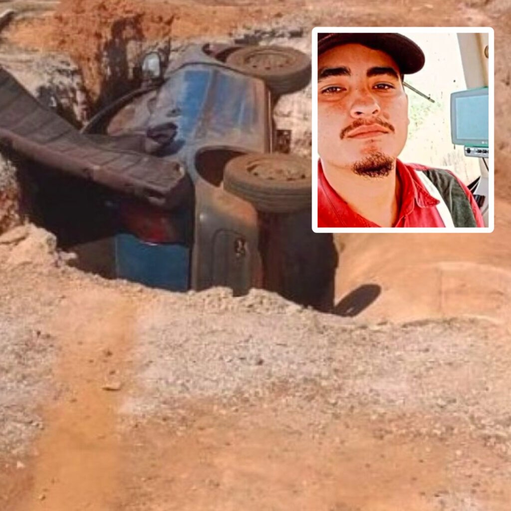 Montagem com a caminhonete azul caída na cratera da MT-170 e, em destaque, a foto do motorista que morreu no acidente