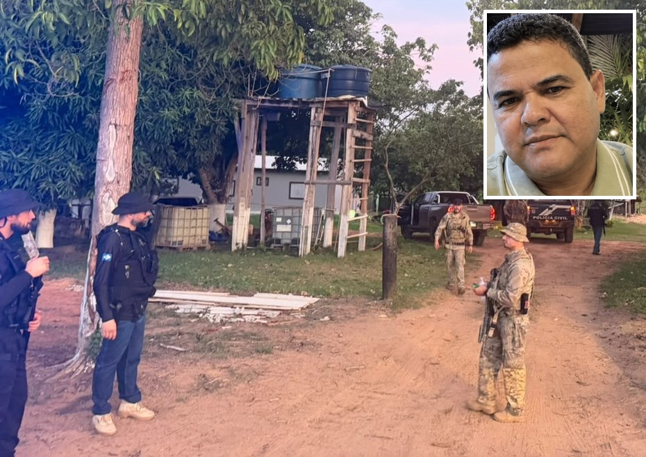 Policiais civis armados em uma propriedade rural, com viatura da Polícia Civil ao fundo; no detalhe, retrato do investigador Emilson Ormond Souza