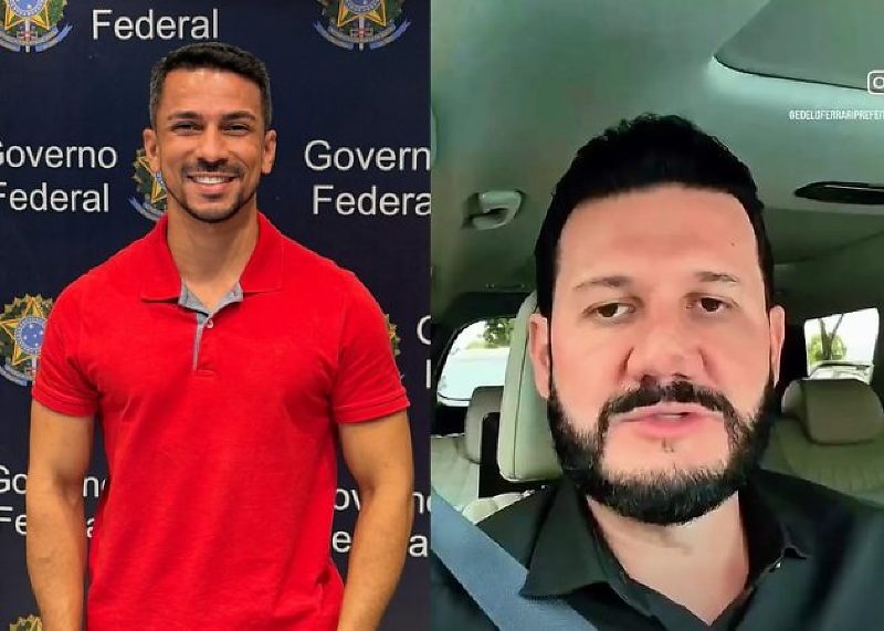 Montagem com o ex-secretário de Saúde de Brasnorte, Weriky Victor, de camisa vermelha em frente a painel do Governo Federal, e o prefeito Edelo Ferrari gravando vídeo dentro de um carro