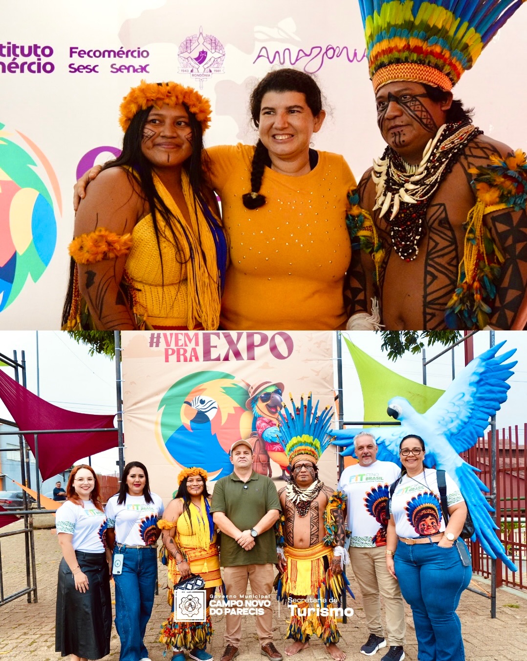 Indígenas com cocares e pinturas posam com mulher de blusa amarela e com a comitiva de Campo Novo do Parecis em frente ao painel da Expo Turismo, em Porto Velho