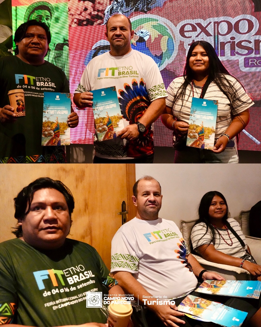 Secretário de Turismo de Campo Novo do Parecis e dois indígenas seguram revistas sobre etnoturismo em frente ao telão da Expo Turismo Rondônia