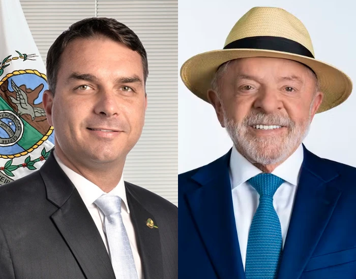 Montagem com retratos dos candidatos a presidente: à esquerda, Flávio Bolsonaro, de terno escuro e gravata cinza; à direita, Lula, de chapéu claro, terno azul e gravata azul