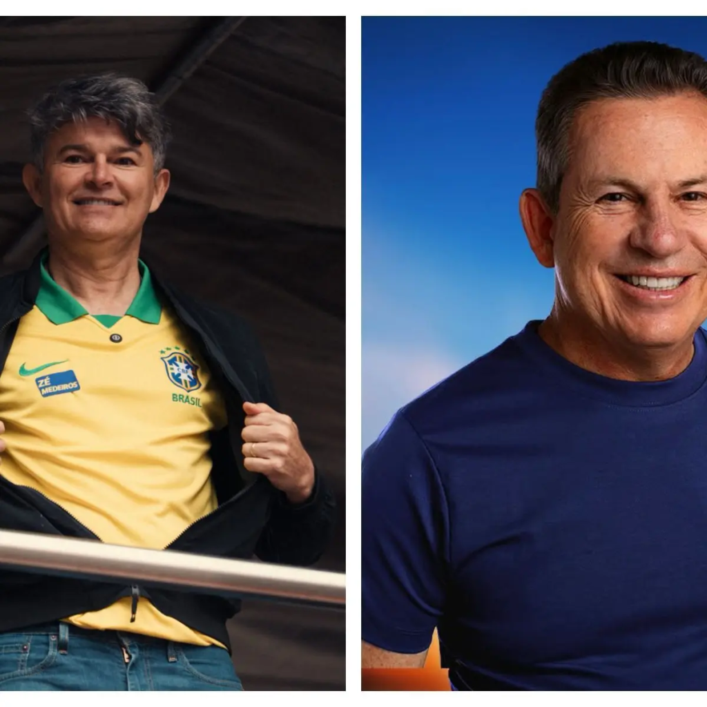 Montagem com fotos dos senadores eleitos por Mato Grosso: à esquerda, Zé Medeiros abre a jaqueta e mostra camisa amarela da seleção brasileira com seu nome; à direita, Mauro Mendes sorri de camiseta azul