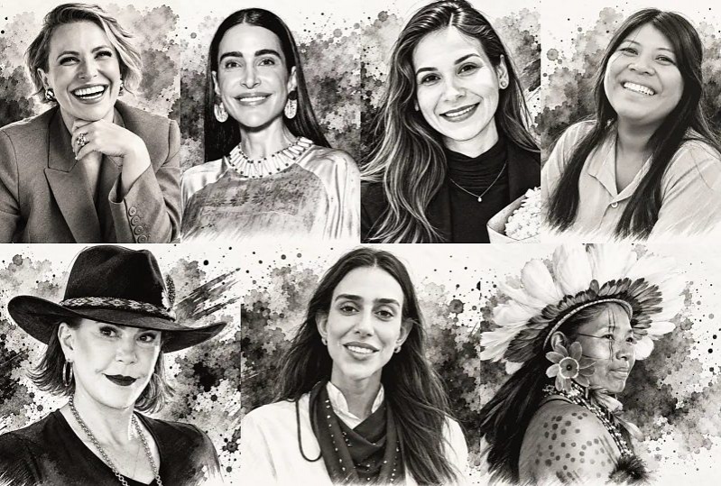 Ilustração em preto e branco com os retratos das sete mulheres de Mato Grosso incluídas na lista das 100 Mulheres Poderosas do Agro da Forbes